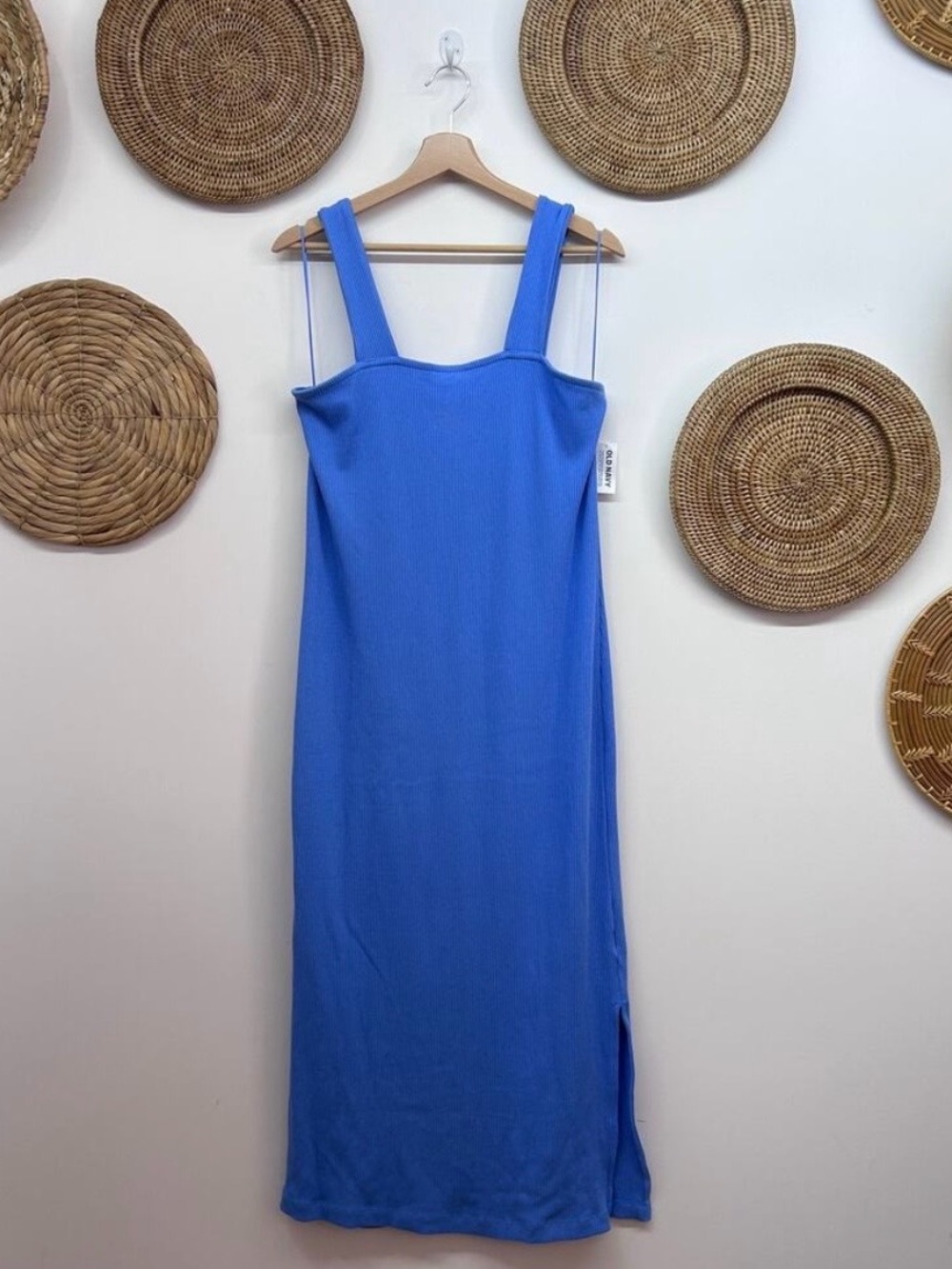 NEW Old Navy Blue Ribbed Midi Tank Dress XL TALL Summer Straight Neck Sleeveless